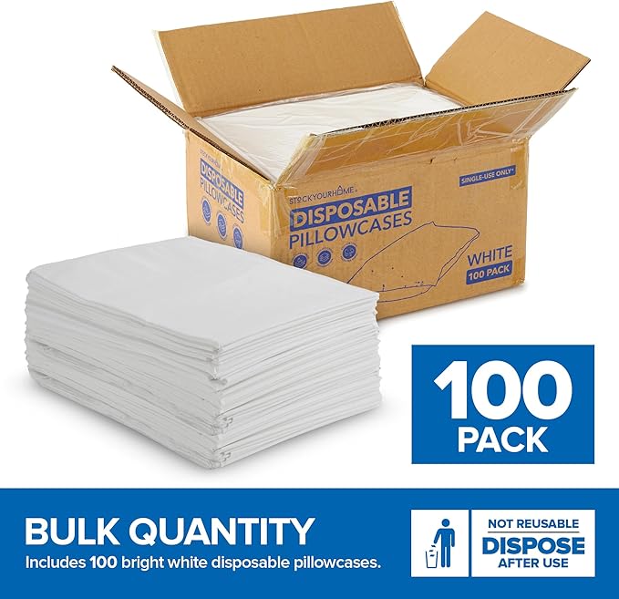 Stock Your Home (100 Count) Disposable Pillow Case Covers, Tissue/Poly 21" x 30" Standard Size, Single-Use Pillowcases with Moisture Barrier in White