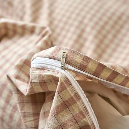 Gingham Duvet Cover Queen Size Blush Pink Washed Cotton Comforter Cover Queen Size Cute Plaid Checkered Zipper Duvet Cover Set with 2 Pillow Cases Boho Girls Bedding Set Vintage Duvet Protector