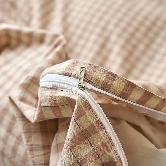 Gingham Full Size Duvet Cover Blush Pink Washed Cotton Comforter Cover Full Size Cute Plaid Checkered Zipper Duvet Cover Set with 2 Pillow Cases Boho Girls Bedding Set Vintage Duvet Protector