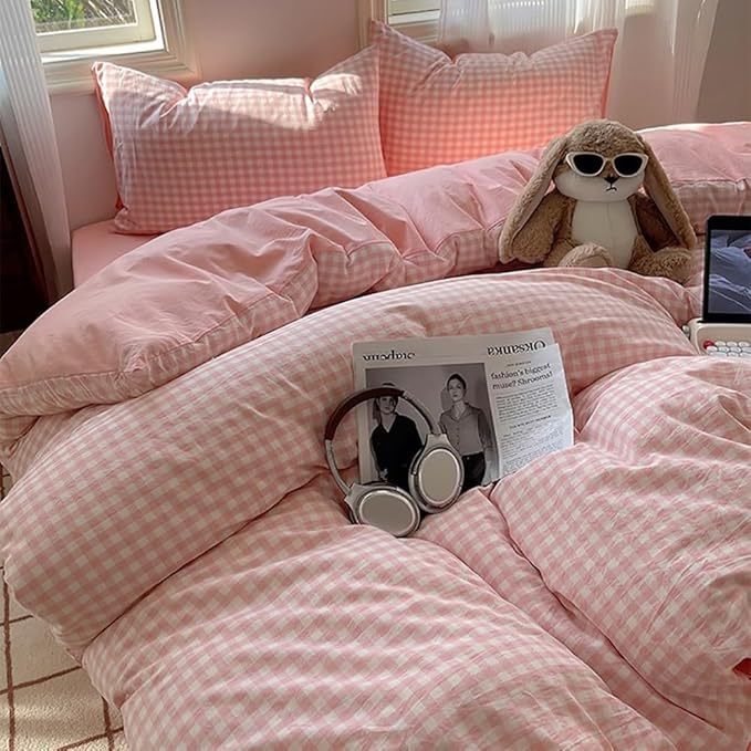 Nayoroom Pink Gingham Duvet Cover King Size Reversible Plaid Checkered Duvet Cover 3 Pieces Soft Breathable Washed Microfiber Girls Dorm Bedding Set for All Season