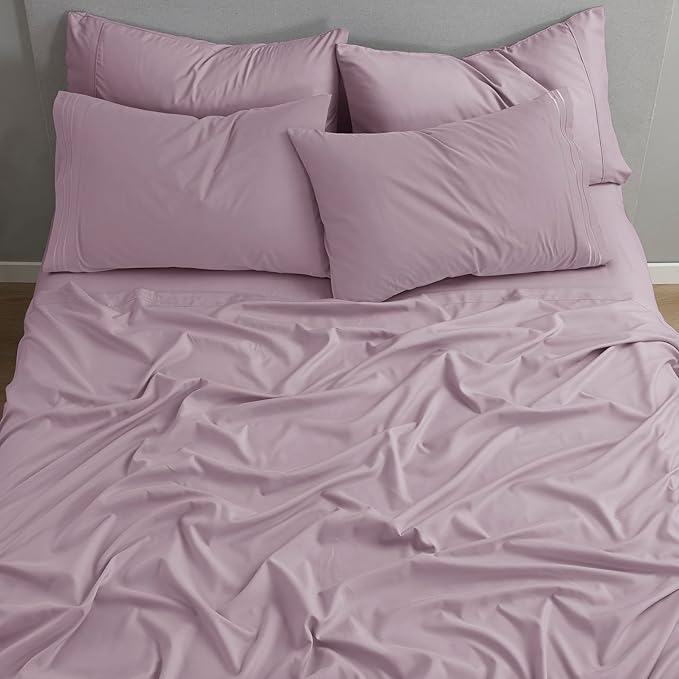 Clara Clark Cal King Sheets - Hotel Luxury 6 Piece Bed Sheets for Cal King Size Bed - Soft Bedding Sheets & Pillowcases, Fits Mattress up to 16 inch deep. California King, Dusty Purple