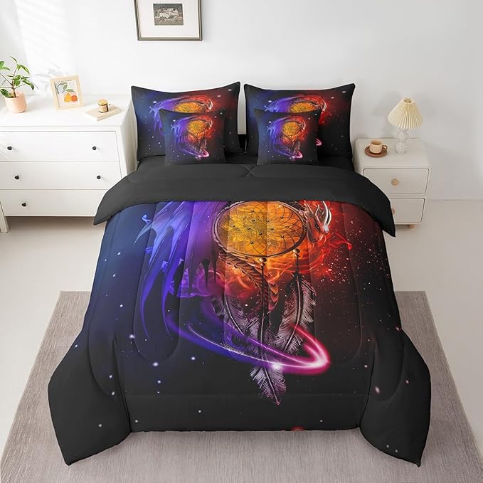 Erosebridal Gothic Dragon Dream Catchers Bed in a Bag Queen Comforter Set 7 Piece,Red Blue Galaxy Bohemian Feather Bedding Sets Antique Animal Pterosaur Sheet Set with Comforter