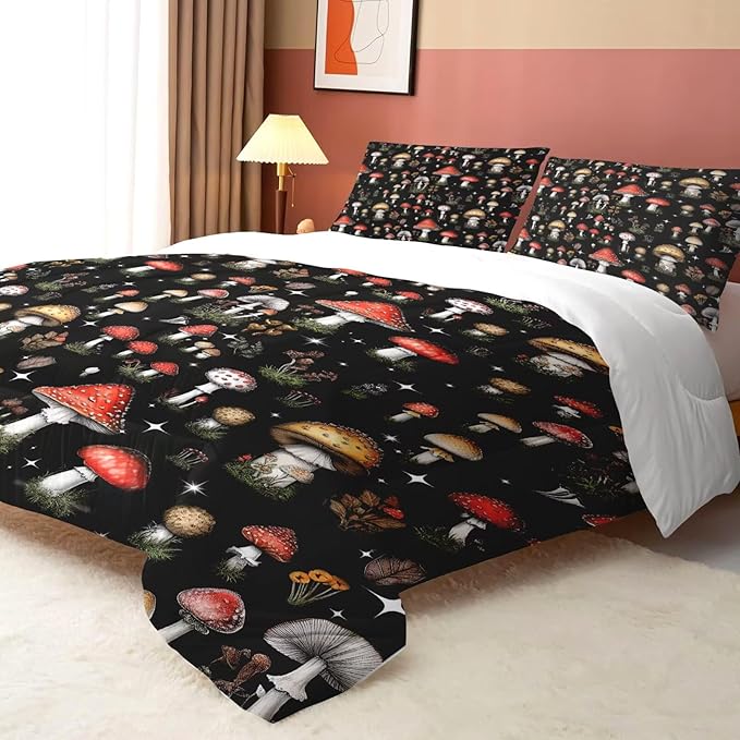 Mushroom Comforter Set Full/Queen Size Black Burgundy Plant Bedding for Kids Girls Teen Women Bedroom Decor Woodland Quilt Bed Sets, 1 Comforter 2 Pillowcases