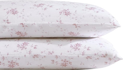 Laura Ashley Home - Standard Pillowcase Set, Cotton Sateen Bedding, Smooth & Wrinkle-Resistant (Garden Muse Pink, 2 Piece)