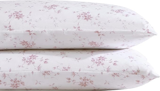 Laura Ashley Home - Standard Pillowcase Set, Cotton Sateen Bedding, Smooth & Wrinkle-Resistant (Garden Muse Pink, 2 Piece)