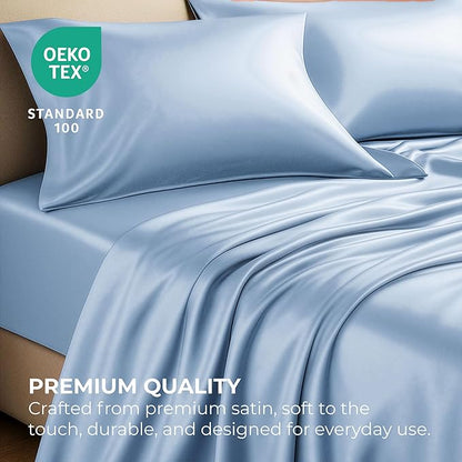 Pure Bedding Satin Sheets California King [4-Piece, Baby Blue] Hotel Luxury Silky Bed Sheets - Extra Soft Microfiber Sheet Set, Wrinkle Resistant - Deep Pocket Fitted Sheet, Flat Sheet, Pillow Cases