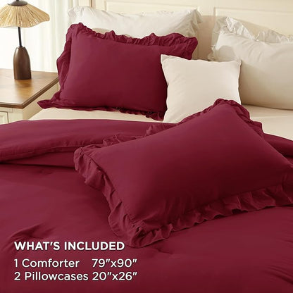 Andency Burgundy Ruffle Comforter Full Set, 3pcs Vintage Farmhouse Shabby Chic Bedding Comforter Set, Soft Lightweight Fluffy Bed Comforter Sets All Season Bedding Set