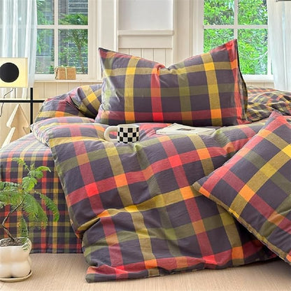 LifeTB Full Comforter Set Geometric Checkered Pattern Comforter Multicolor Grid Plaid Gingham Bedding Comforter Set Fluffy Soft Lightweight Bedding 3 Pieces Grid Bed Comforter with 2 Pillowcases