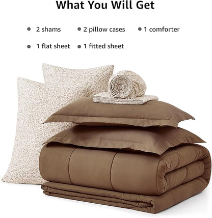 Monbix Queen Comforter Set - 7 Pieces Brown Bed in a Bag Queen Track Stitching Bedding Sets, All Seasons Comforter Bed Set with Sheets,Pillowcases & Shams