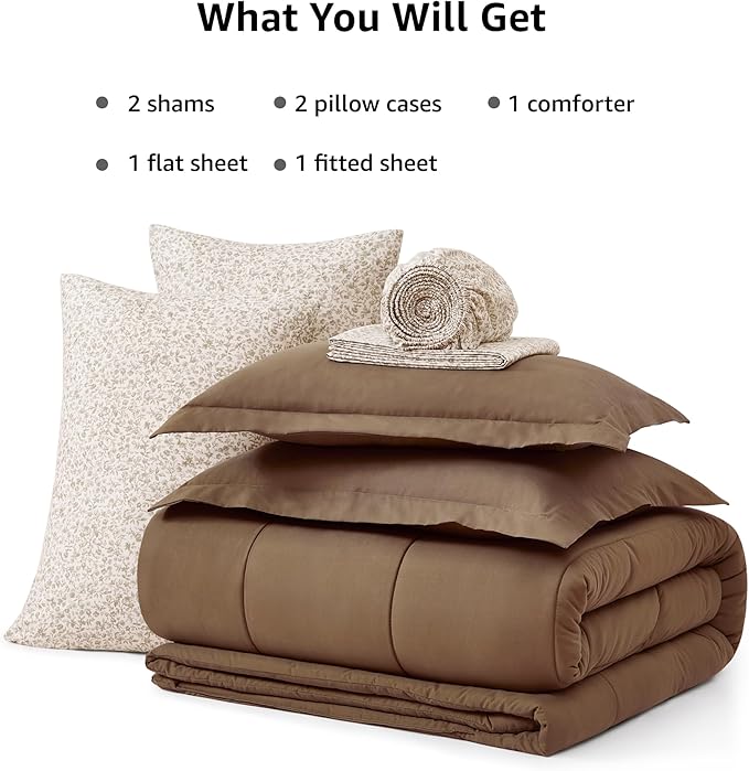 Monbix Full Comforter Set - 7 Pieces Brown Bed in a Bag Full Size Track Stitching Bedding Sets, All Seasons Comforter with Sheets, Pillowcases & Shams