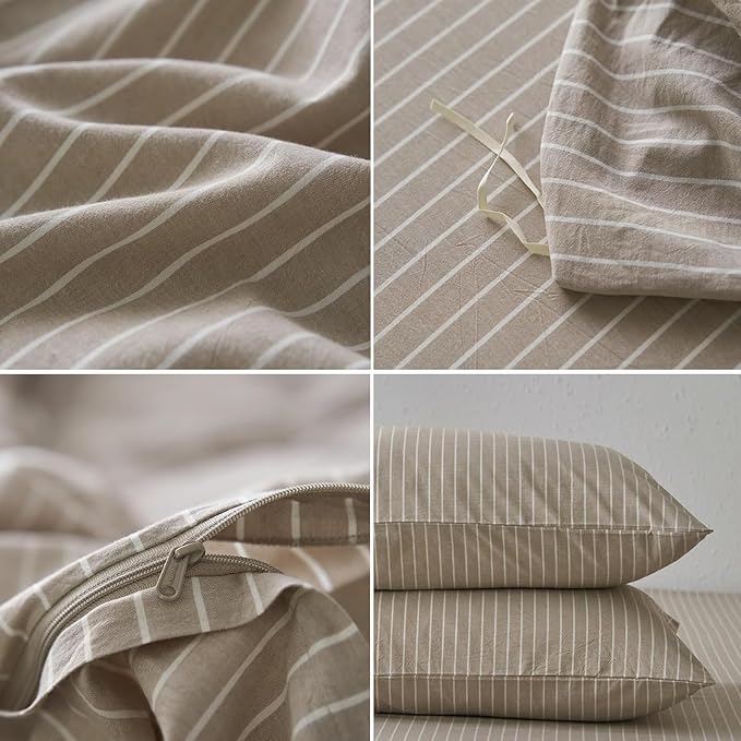Nayoroom Brown Striped Duvet Cover Queen Size 100% Washed Cotton White Pinstripe Duvet Cover 3 Pieces Soft Breathable Girls Dorm Bedding Set for All Seasons, Yarn Dyed Process
