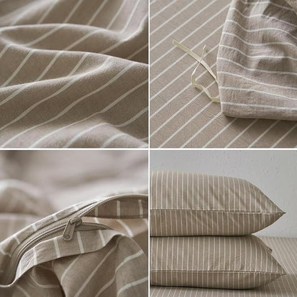 Nayoroom Brown Striped Duvet Cover Queen Size 100% Washed Cotton White Pinstripe Duvet Cover 3 Pieces Soft Breathable Girls Dorm Bedding Set for All Seasons, Yarn Dyed Process