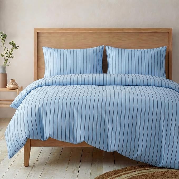 Bedbay Blue Striped Duvet Cover Set Queen Size, 100% Cotton Sateen Bedding Set, Soft Breathable Hotel-Inspired 3 Piece Duvet Cover for All Seasons