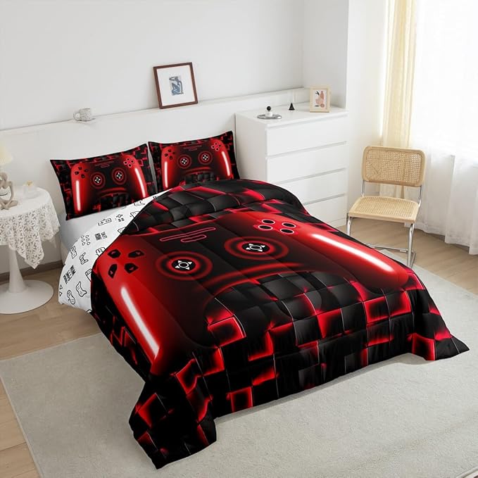 Erosebridal Full Gaming Bedding Sets for Boys Red Game Console Kids 3D Black Gamer Comforter Set with 2 Pillowcases for Boys Girls Teen Lightweight Geometric Gamepad Bedroom Set(Red, Full)