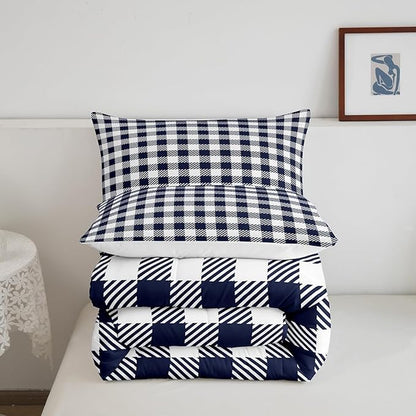 Manfei Navy Blue Plaid Bedding Set Full Size Buffalo Check Plaid Comforter Classic Gingham Pattern Comforter Set Navy White Grid Duvet Set 3Pcs Quilt Set 1 Comforter Set with 2 Pillowcase