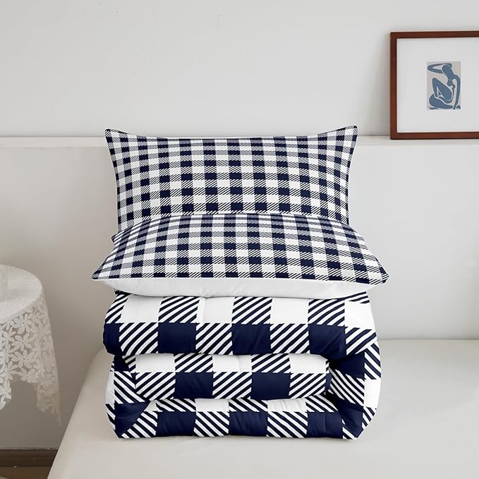 Manfei Navy Blue Plaid Bedding Set Twin Size Buffalo Check Plaid Comforter Classic Gingham Pattern Comforter Set Navy White Grid Duvet Set 2Pcs Quilt Set 1 Comforter Set with 1 Pillowcase