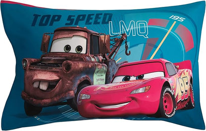Disney Cars Piston Cup Circuit Blue, Red, and Yellow, Lightning McQueen and Mater 4 Piece Toddler Bed Set - Comforter, Fitted Bottom Sheet, Flat Top Sheet, and Reversible Pillowcase