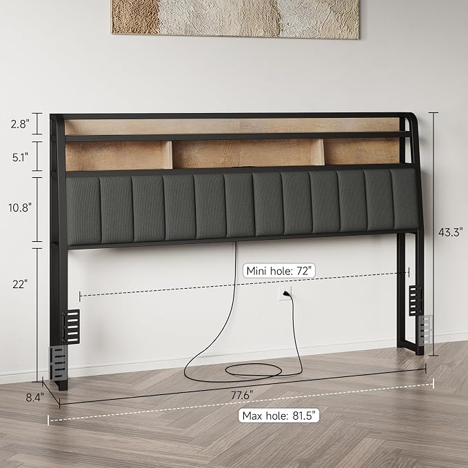 King Headboard Only with Storage, Upholstered Headboards for King Size Bed with LED Light, Charging Station, Height Adjustable, Sturdy and Stable Headboard, Black & Brown