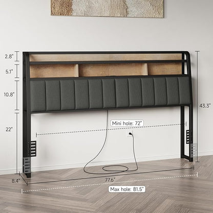 King Headboard Only with Storage, Upholstered Headboards for King Size Bed with LED Light, Charging Station, Height Adjustable, Sturdy and Stable Headboard, Black & Brown