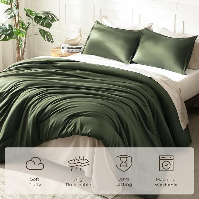 Litanika Oversized King Comforter 128x120, 3 Pieces Olive Green Lightweight Solid Bedding Comforter Set, All Season Fluffy Bed Set (1 Comforter & 2 Pillowcases)