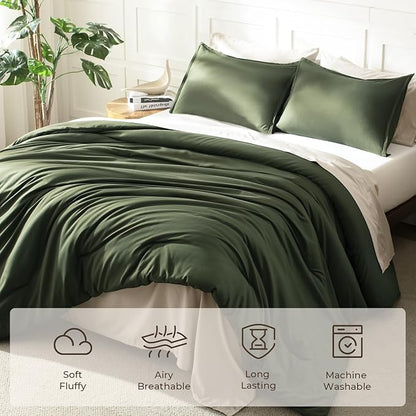 Litanika Oversized King Comforters Olive Green Super King Size, 3 Pieces Lightweight Solid Bedding Comforter Set, All Season Fluffy Bed Set (120x120In Comforter & 2 Pillowcases)