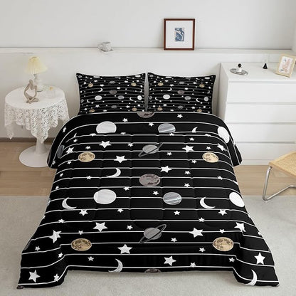 Cartoon Planet Bed Comforters Set Queen Size,Starry Galaxy Super Soft Microfiber Bedding Set for Boys Girls,Moon Night Black White Lines Room Decorative Comforter Set,2 Pillowcase