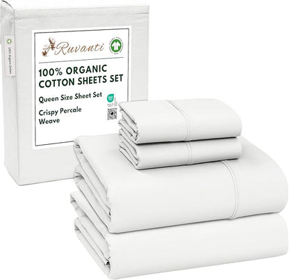 RUVANTI 100% Organic Cotton Sheets Queen Size, Percale Weave, GOTS Certified, 4-Piece Set, Deep Pocket 15", Crisp & Breathable, Soft Durable Bedding, Sábanas Algodón Orgánico – Bit of Blue
