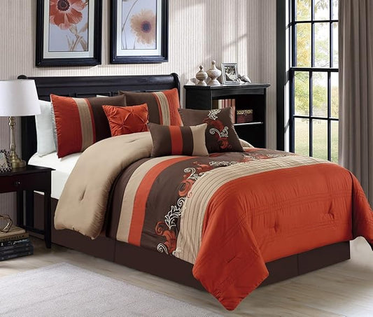 Chezmoi Collection Napa 7-Piece Luxury Autumn Leaves Scroll Embroidery Bedding Comforter Set (Queen, Rust Orange/Brown/Taupe)