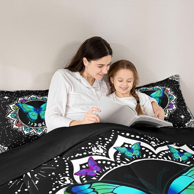 Erosebridal Butterfly Bedding Set King Size Galaxy Duvet Set Starry Sky Comforter Sets Boho Colorful Wild Animals Down Comforter for Moth Moon All Season Mandala Black White Duvet Set