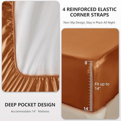 CozyLux Satin Sheets Queen Size Bed Set - 4 Piece Silky Queen Sheet Set, Luxury Terracotta Queen Sheets with Smooth and Soft Microfiber, Includes 1 Fitted Sheet, 1 Flat Sheet and 2 Pillowcases
