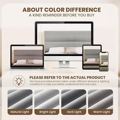 GRUSIGN King Size Platform Bed Frame with Velvet Headboard, Adjustable Height Wooden Slats Support, Upholstered Mattress Foundation, Fits Mattress or Mattress with Box Spring, Easy Assembly, Grey