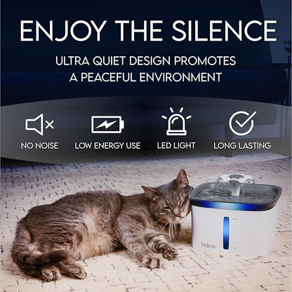 Veken Innovation Award Winner 95oz/2.8L Cat Water Fountain | Automatic Pet Fountain Dog Water Dispenser with Replacement Filters & Silicone Mat, Gift for Cats, Dogs, Multiple Pets (Grey)