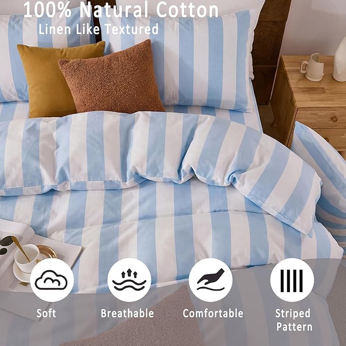 Merryword Blue and White Striped Duvet Cover Set Queen Size, 100% Cotton Bedding Set with Zipper Closure & 8 Corner Ties, Luxury Linen Like Bedding, Soft Breathable Comforter Cover for All Seasons