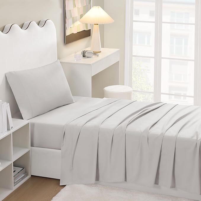 UGG Hedi Twin XL Sheet Set 3-Piece Luxury Cooling Sheets Deep Pockets Premium Bedding with 1 Pillow Sham Hypoallergenic Machine Washable Soft Lightweight Bed Set for Dorm, Twin XL, Stone Grey