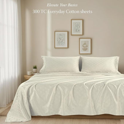 Threadmill 100% Cotton Sheets for King Size Bed | 4 Pc King Bed Sheets Set | Soft, Breathable Lightweight Damask Sateen for All-Season Use | Snug Fit Elastic Deep Pocket King Sheets | Ivory