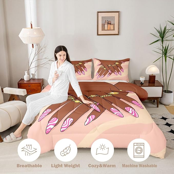 Erosebridal Romantic Makeup Themed Comforter Set Full Size for Girls Fashion Girlish Quilt Black Girls Bedding Set for Kids Teens Adult Women Bedroom Afro Vogue Princess Magical Down Comforter