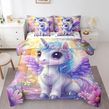 Feelyou Unicorn Comforter Set 7 Pieces Queen Size Floral Flower Bedding Set for Boys Girls Dreamy Horse Bed in a Bag with Comforter, Sheets, Pillowcases & Cushion Covers