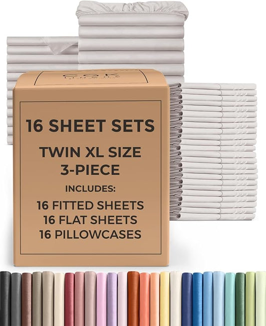 Bulk Case Pack of 16 Sheet Sets - (16) Complete Sheet Sets - Bulk Twin XL Bedding - Wholesale Case Pack for Hotels & Airbnbs - Deep Pocket & Wrinkle Free - Cooling & Breathable - Twin XL, Light Grey