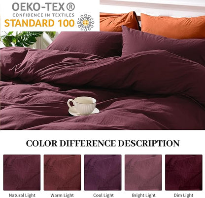 NEXHOME PRO Duvet Cover Set Kids Twin Size Linen Look Textured Organic Natural 100% Washed Cotton Duvet Cover Burgundy Dark Red 2 Pieces Bedding Set with Zipper Closure, Breathable (No Comforter)