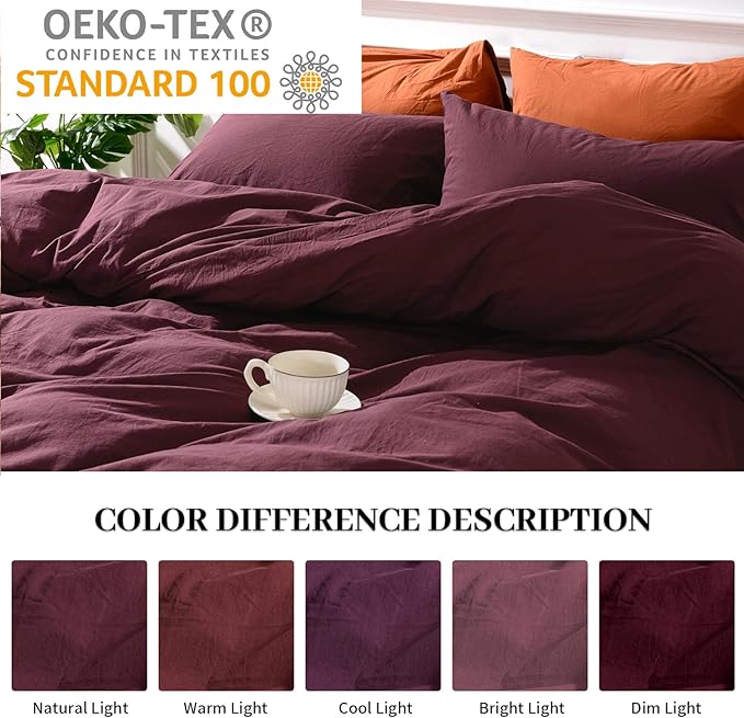 NEXHOME PRO Duvet Cover Set King Size Linen Look Textured Organic Natural 100% Washed Cotton Duvet Cover Burgundy Dark Red 3 Pieces Bedding Set with Zipper, Breathable, Soft (No Comforter)