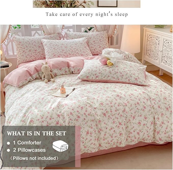 VM VOUGEMARKET Girls Comforter Set Twin Pink Flower Bedding Set Teen Girls Tiny Floral Comforter with 2 Pillowcases(3pcs,Twin XL)-AA Version