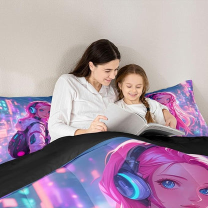 Erosebridal Anime Girl Queen Comforter Set Japanese Style 3D Anime Down Comforter for Kids Girls Boys Room Decor,Sci Fi Style Gaming Bedding Set Hot Pink Colorful Bed Duvet Insert