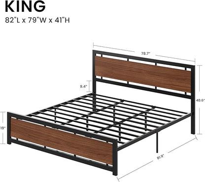 LIKIMIO King Bed Frame with Headboard and Footboard, Metal Strong Supports, Easy Assembly, Noise-Free, No Box Spring Needed, Dark Walnut
