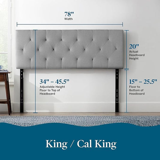 Lucid Mid-Rise Upholstered Headboard - Diamond Tufted - Padded Polyester - Adjustable Height from 34” to 46” - Easy Assembly - Bed Frame or Wall Mount - Sturdy - Stone - King / Cal King Size