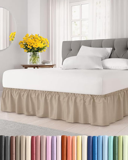 Wrap Around Dust Ruffle Bed Skirt - Cream - for Full Size Beds with 21 Inch Drop - Easy Fit Elastic Strap - Adjustable Pleated Bedskirt w/Brushed Fabric - Wrinkle Free - for Women, Men, Kids & Teens