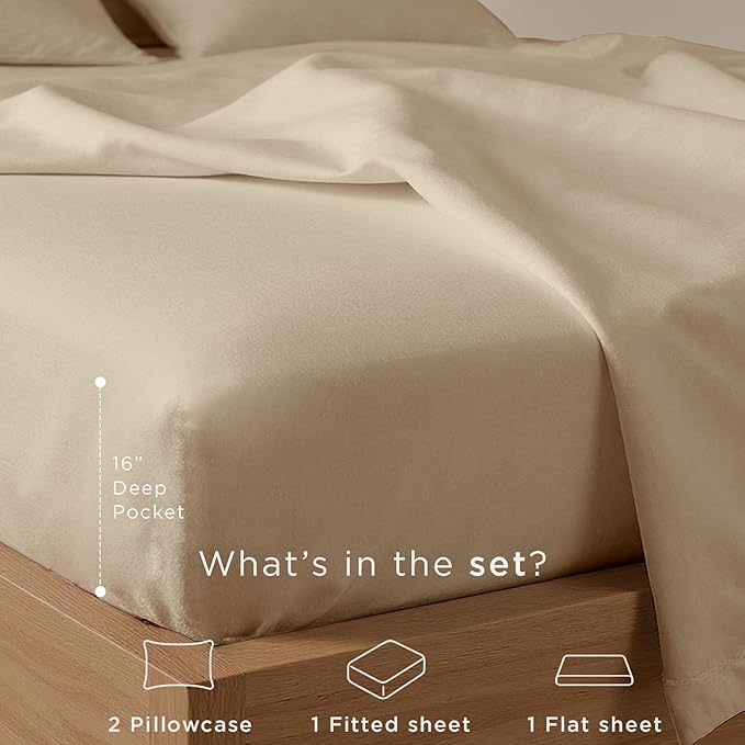 Threadmill Cotton Queen Sheet Set | 100% Cotton Sheets for Queen Size Bed | Solid Sateen Queen Bed Sheets Set with 16” Deep Pocket | Soft Breathable 4-Piece Cooling Bedding Sheet Set | Beige