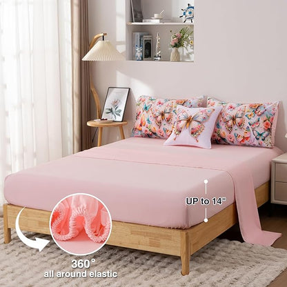 A Nice Night 6pcs Bed in A Bag Pink and Blue Dreamy 3D Various Butterfly Printed, Colorful Butterflies Flying in Flower Design Bedding Full Comforter Set, for Girls Kids Teens