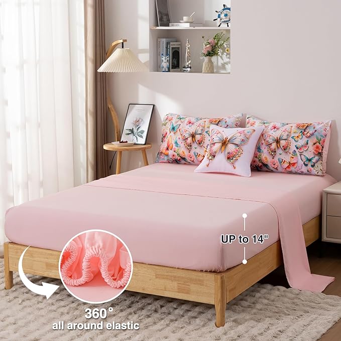 A Nice Night Queen 6pcs Bed in A Bag Pink and Blue Dreamy 3D Various Butterfly Printed, Colorful Butterflies Flying in Flower Design Bedding Full Comforter Set, for Girls Kids Teens