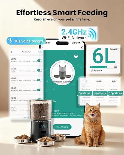 Automatic Cat Feeder for 3 Cats with WiFi Control, Anti-Jam System, 6L | Fresh-Keeping Cat Food Dispenser with Dual-Effect Desiccant System, 10S Voice Recorder for Cats and Small Dogs
