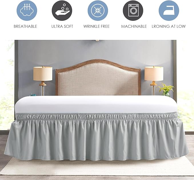 FreshCulture Queen Bed Skirt, Elastic Wrap Around Bed Skirt Queen Size, Bed Skirts for Adjustable Bed, Easy Fit with 22 Inch Drop Length, Hotel Quality Dust Ruffle for Queen Bed (Light Grey)